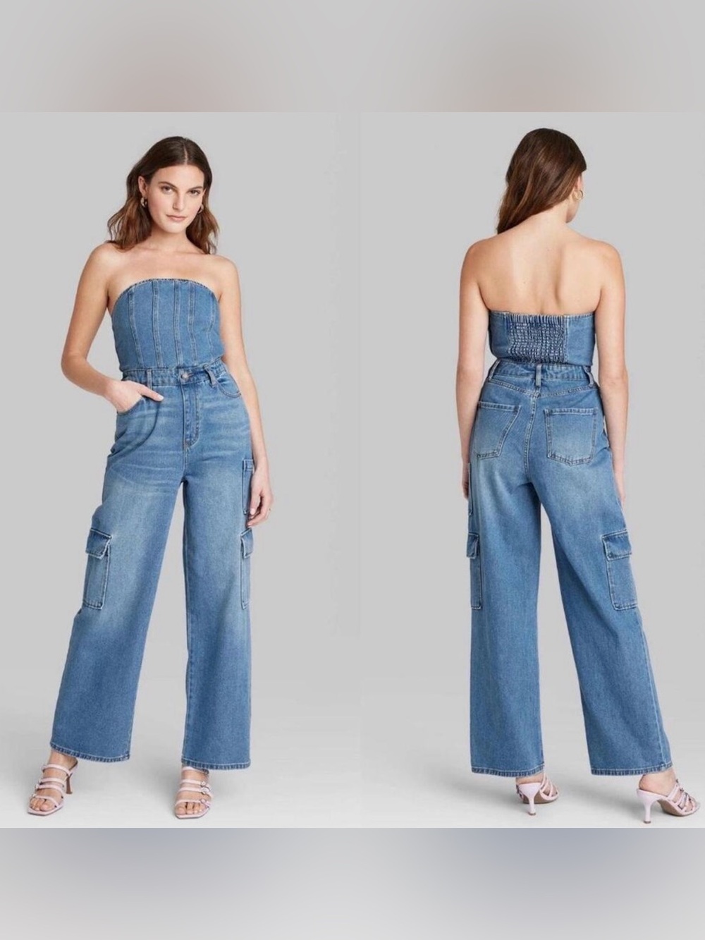 wild fable - Target Blue Strapless Denim Wide-Leg Jumpsuit with Cargo Pockets